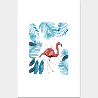 Flamingo with tropical leaves Posters and Art